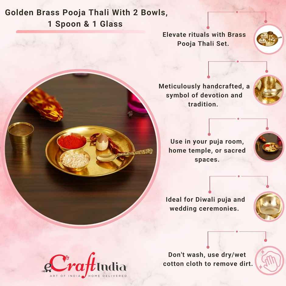 eCraftIndia 5 in Brass Puja Thali With 2 Katori/Bowls, 1 Spoon And 1 Glass