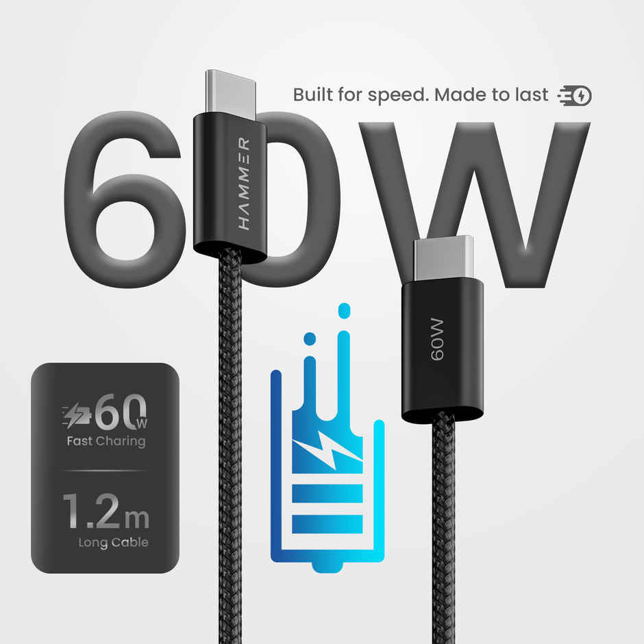 Hammer Type-C to Type-C 60W Braided Cable | PD Fast Charging & Data Sync | Black