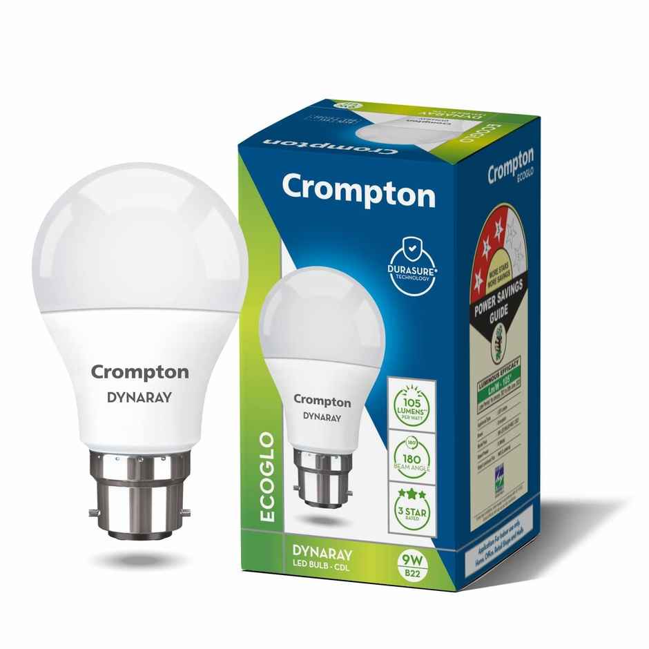 Crompton Dyna Ray 9W Round Led Bulb, Cool Day Light | B22 Base Holder