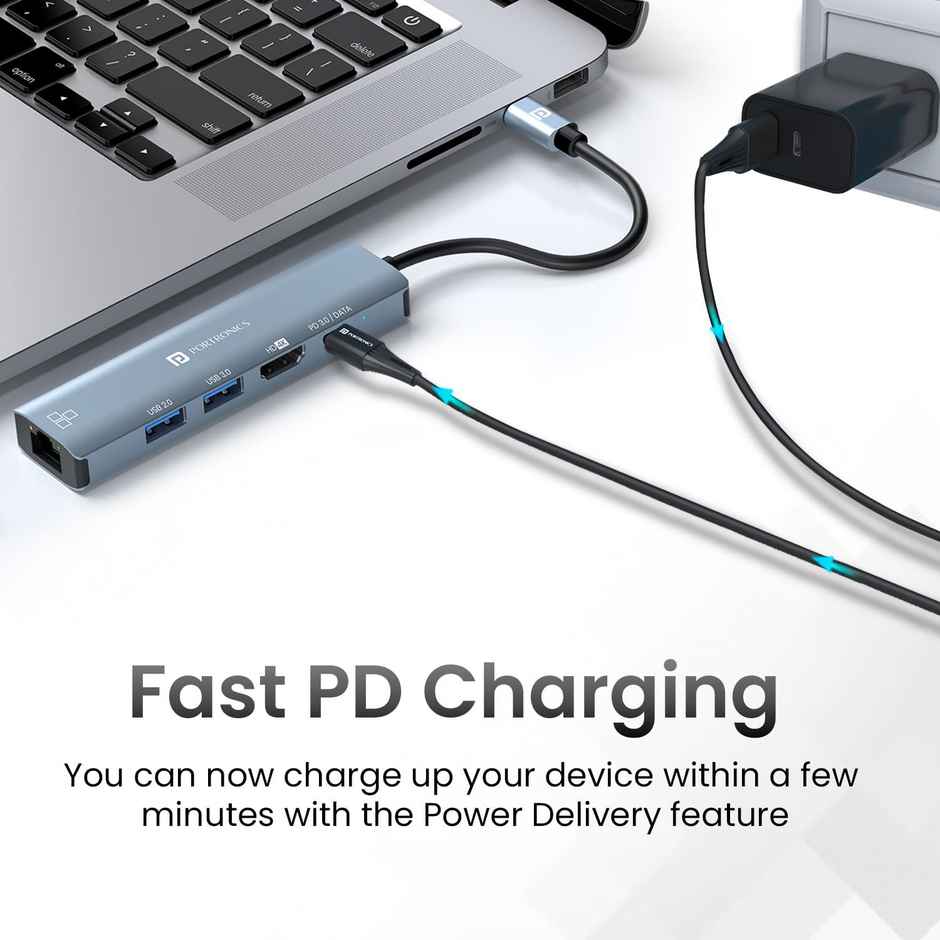 Portronics Mport 51 5-in-1 Type C HUB with RJ 45 Ethernet Port, 5Gbps Data Transfer, HDMI Port, USB 3.0, PD Quick Charge, 4K Ultra HD Data Quality(Grey)