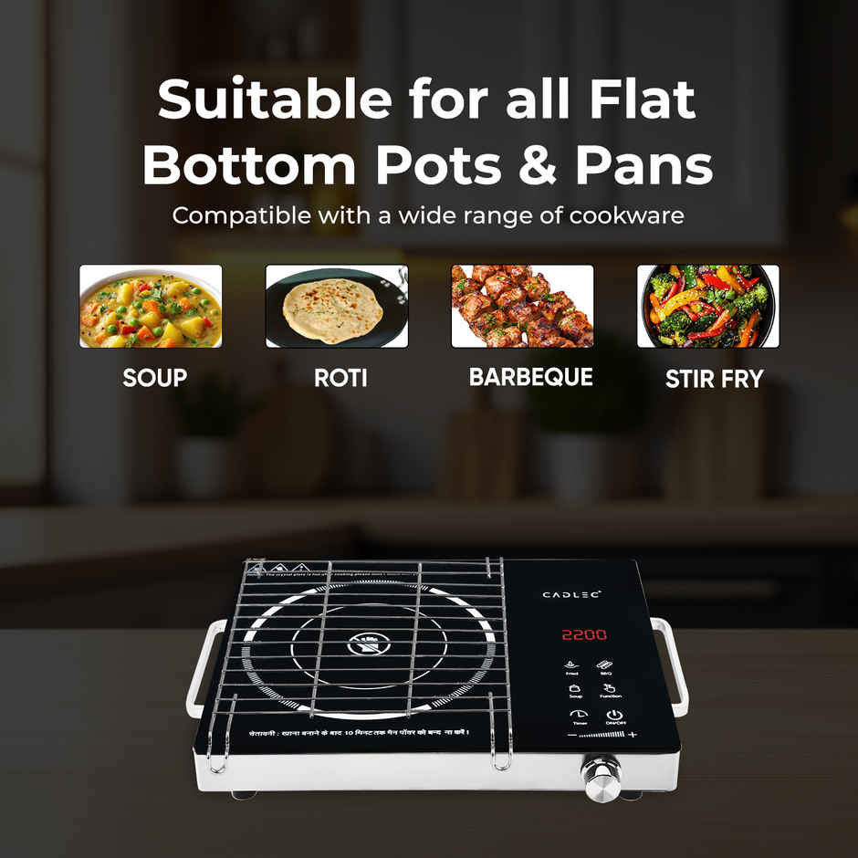 Cadlec Heat Mate 2200W Infrared Cooktop with Grill Rack | Crystal Glass & Touch Control | Black