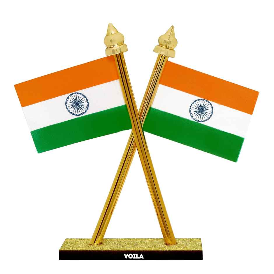 Voila Indian Flag Tiranga Cross Design Stand Double Sided Flag For Table Car Dashboard Home Decor