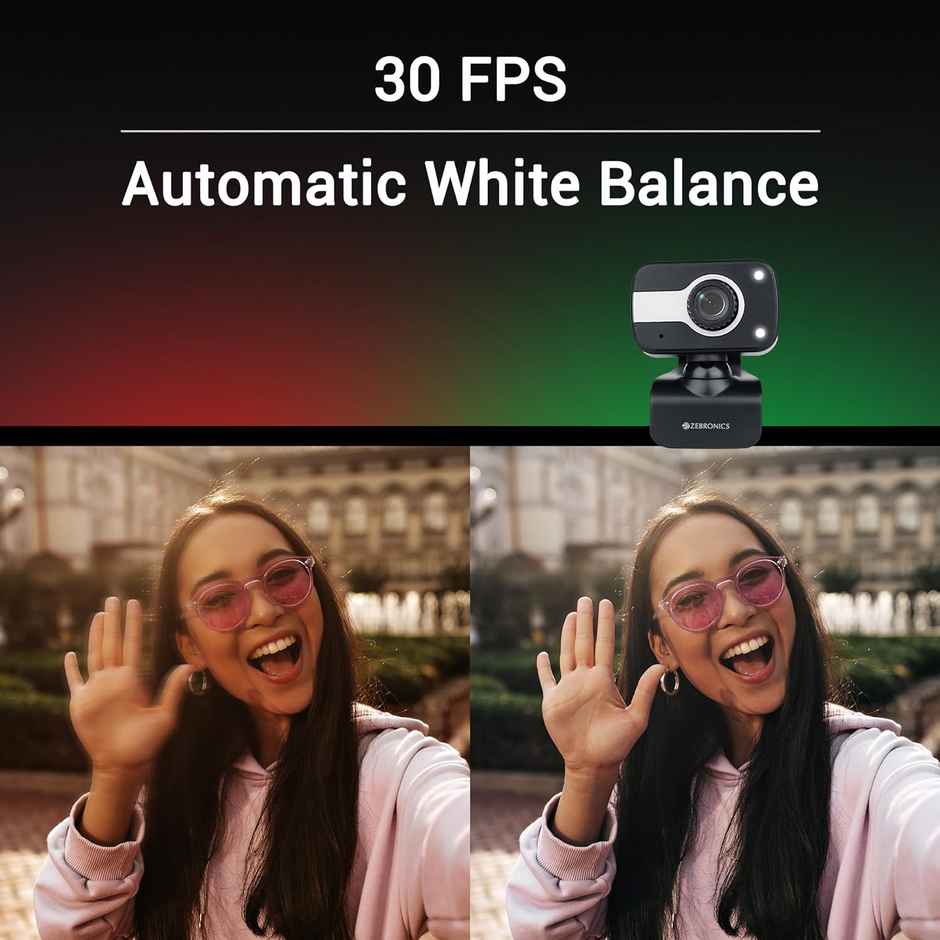 Zebronics Zeb-Crystal Clear Web Camera, 0.3 MP with USB with 3P Lens,Built-in Microphone,Auto White Balance,Night Vision and Manual Switch for LED - Black