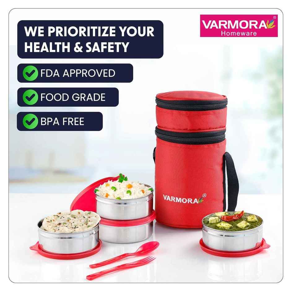 Varmora SS Quattro Lunch Box, Raspberry Pink- 4 Storage Containers (390 ml ) with Spoon and Fork