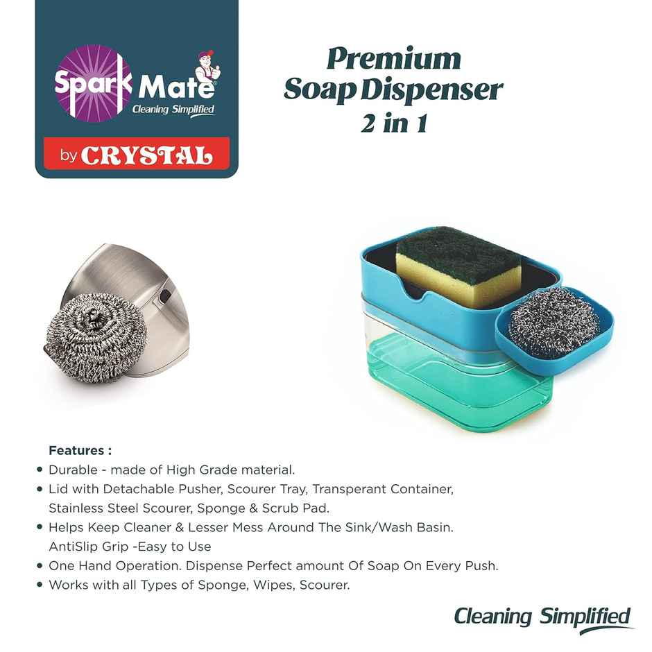 Sparkmate By Crystal Premium Soap Dispenser 2 In 1 - Ss Scourer & Sponge With Scrubber