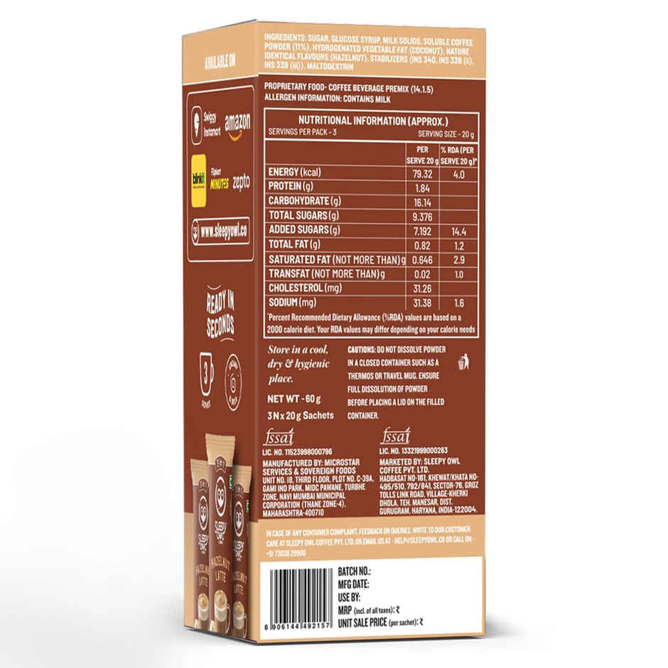 Sleepy Owl Hazelnut Latte Medium Roast Coffee Premix Sachets