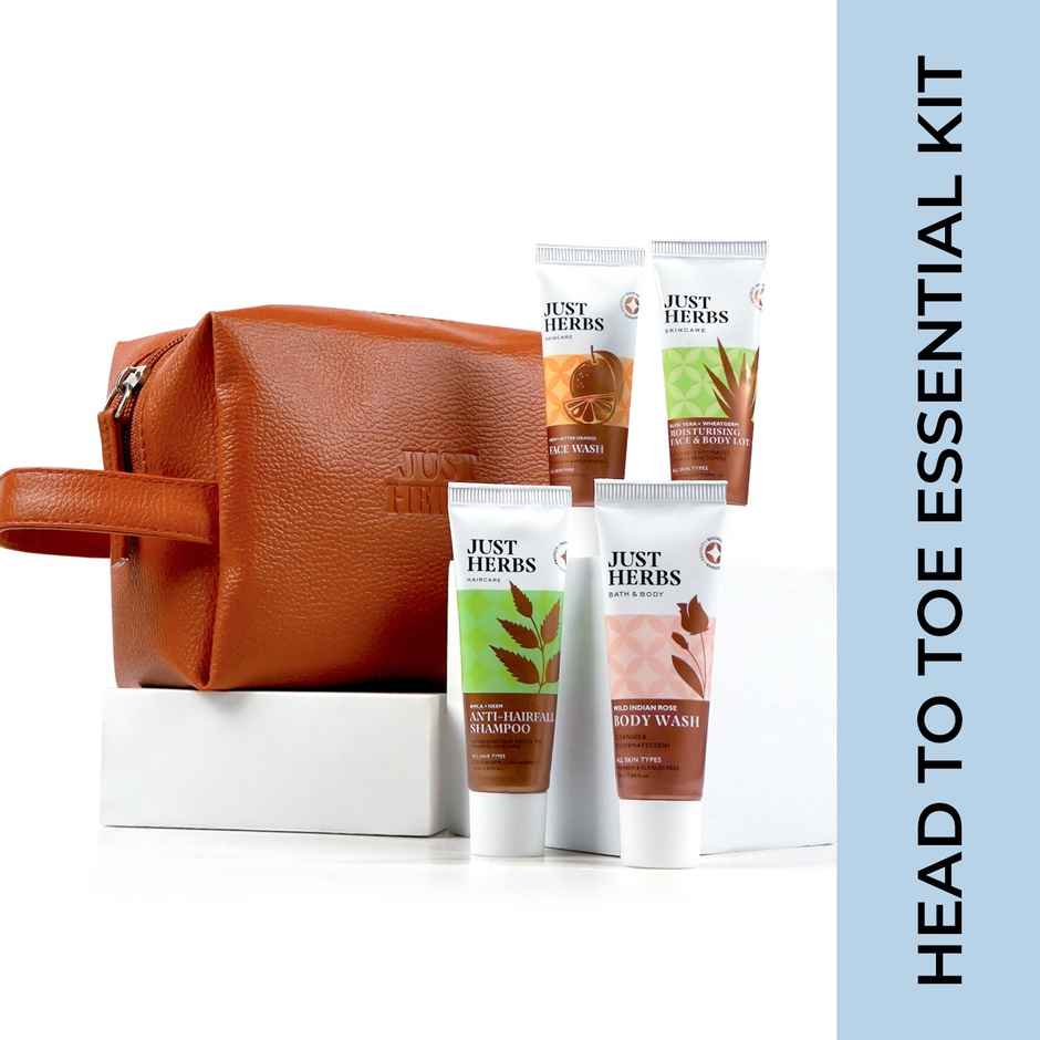 Just Herbs Men Essential Head-To-Toe Mini Travel Kit With Free Pouch Shampoo