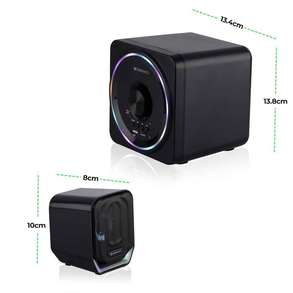 Zebronics Pluto 2, 2.1 Channel Speaker, 15W Output, BT 5.0, USB, mSD, FM, 3.5mm Jack Input, RGB - Black