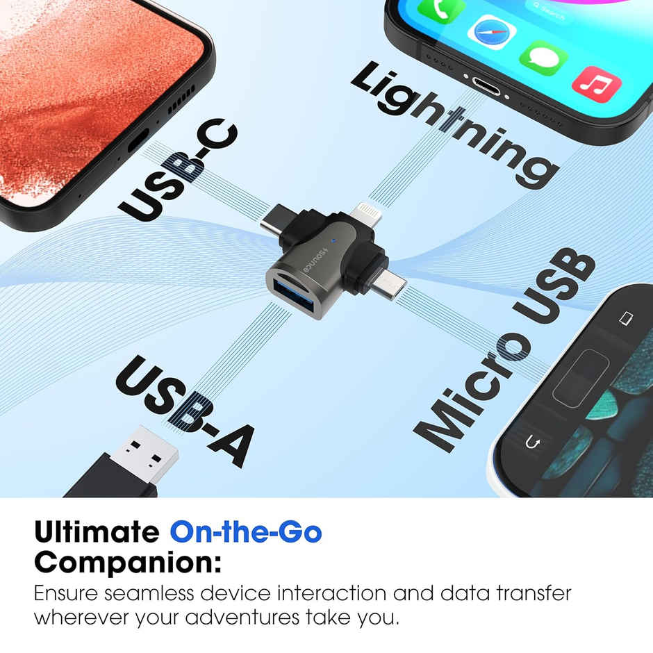 Sounce 4 in 1 OTG Adapter Converter with Lightning, Type C, Micro USB, USB 3.0 Port, Black
