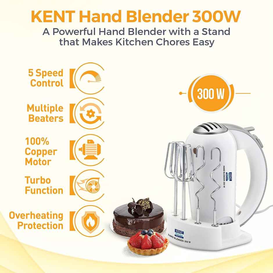 Kent 16051 Hand Blender 300 Watt, 5 Variable Speed Control, Multiple Beaters & Dough Hooks, Turbo Function, Plastic - White