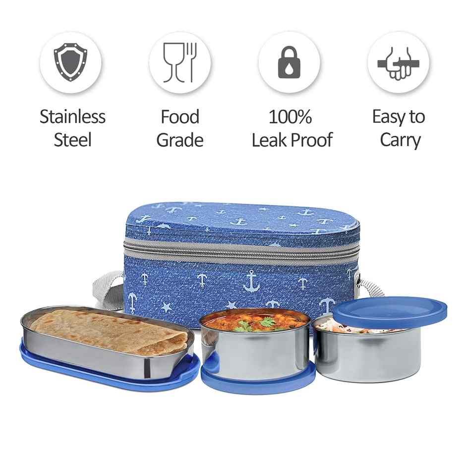 Milton Corporate Lunch Box Stainless Steel 2 Round 280Ml Each & 1 Oval Container 500Ml - Bag Blue