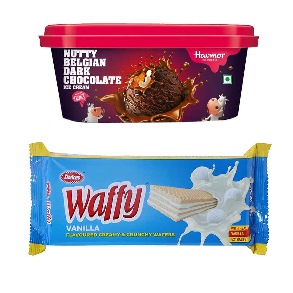 Havmor Signature Nutty Belgian Dark Chocolate Ice Cream Tub(750ml) & Dukes Waffy Vanilla Flavoured Wafers(60gms) Combo