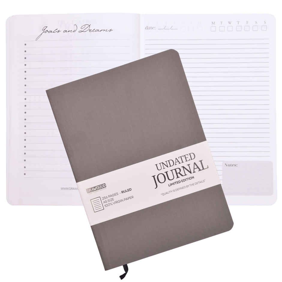 DRAWGUUD A5 Journal Leatherite Notebook, Hardback 100 GSM 256 Pages Lined | Grey | 14.5 x 21.3 cm