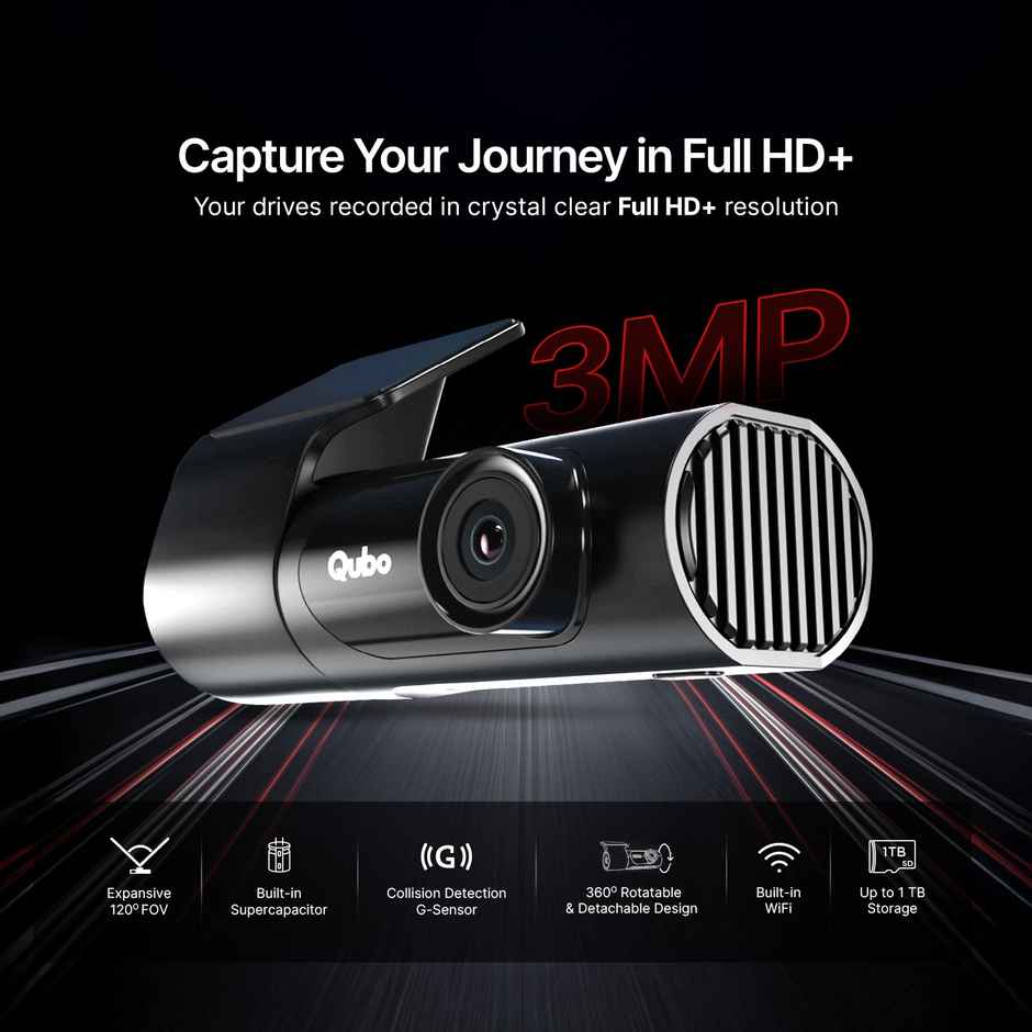 Qubo Car Dashcam Pro X by Hero Group | 3MP 1296P FHD+ Camera | NightPulse Vision | Wide-Angle FOV | Supercapacitor | Built-in Wi-Fi, Mic | App Control | G-Sensor | Up to 1TB Storage - Space Grey