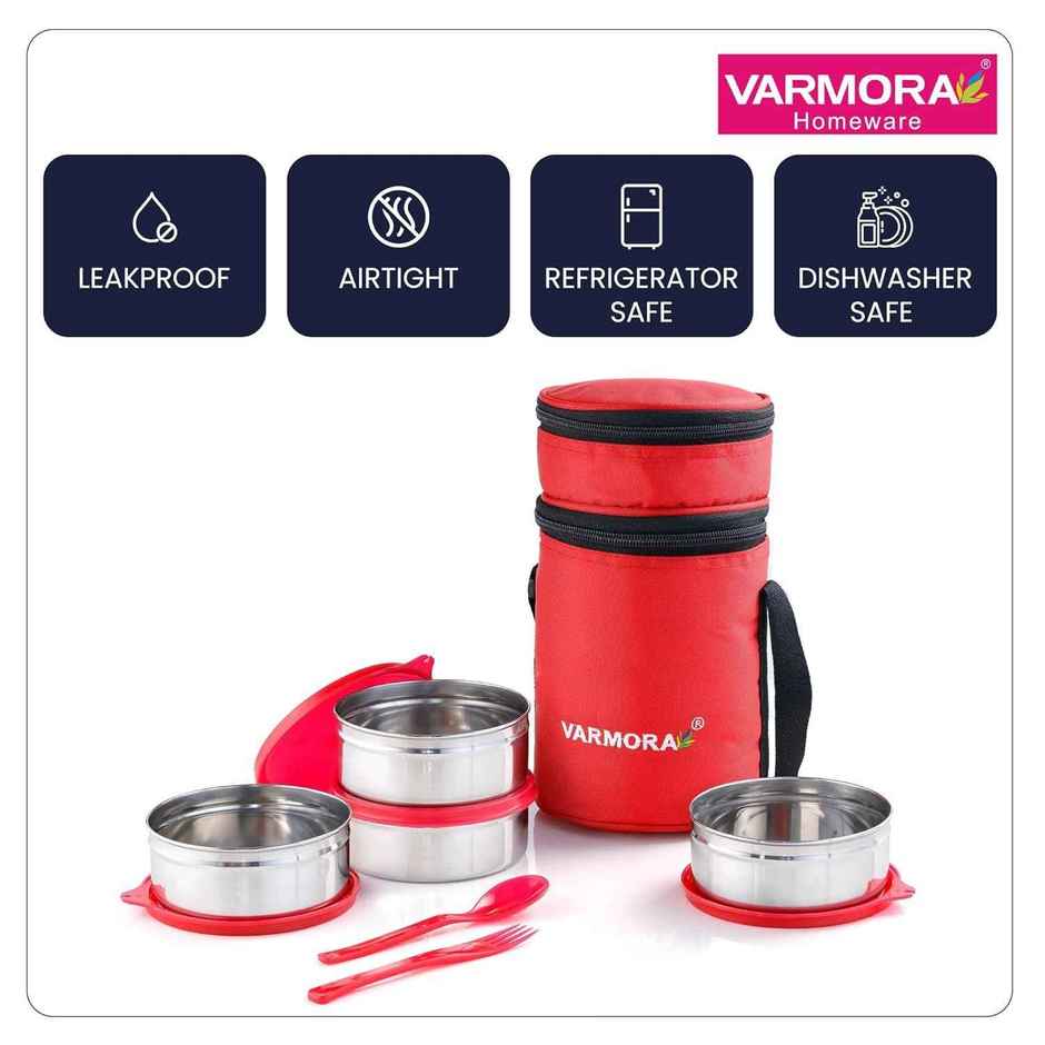 Varmora SS Quattro Lunch Box, Raspberry Pink- 4 Storage Containers (390 ml ) with Spoon and Fork