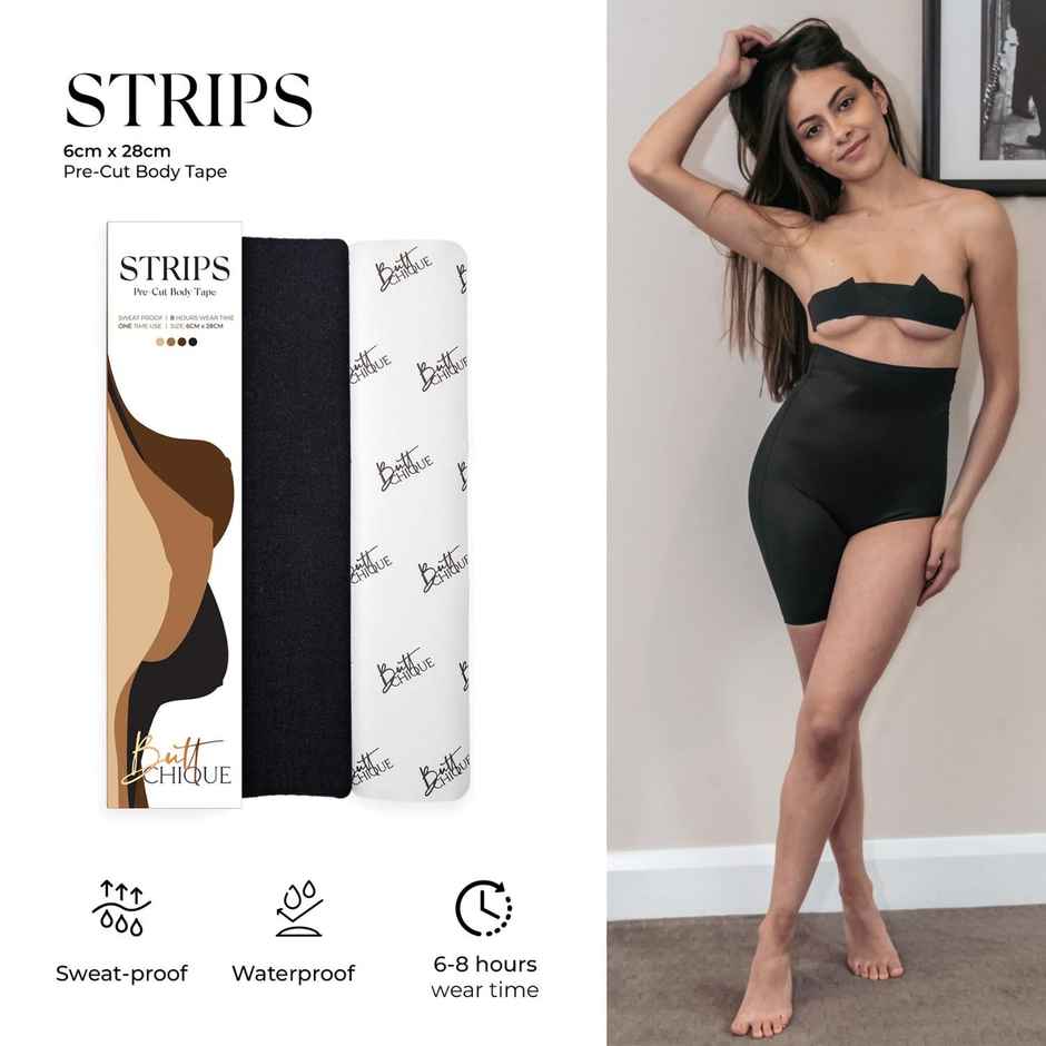 Buttchique Breast Lift Pre-Cut Body Tape Strips (Pack Of 4, Black) (6 X 28 Cms Strips)