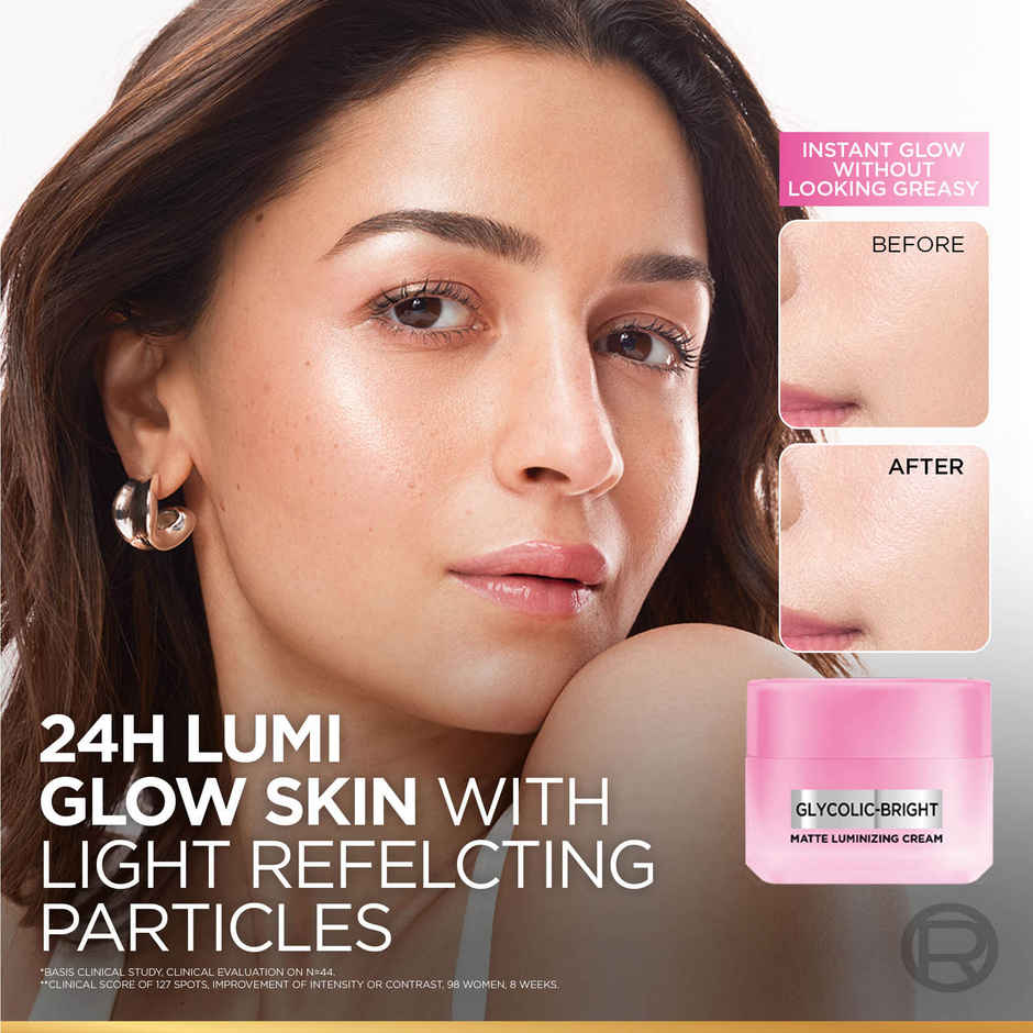 L'Oreal Paris Glycolic Bright Matte Luminizing Cream | Instant Glow Booster | Fades Dark spots
