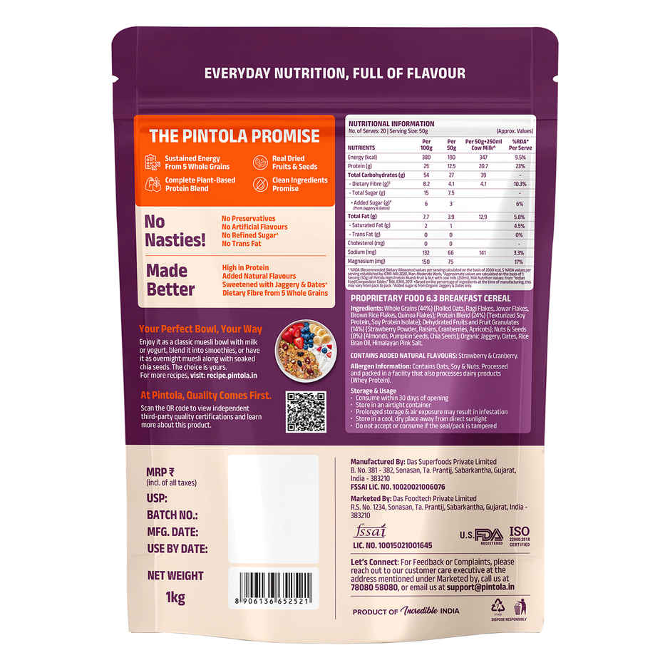 Pintola 25g High Protein Muesli - Fruit & Nut - Naturally Sweetened