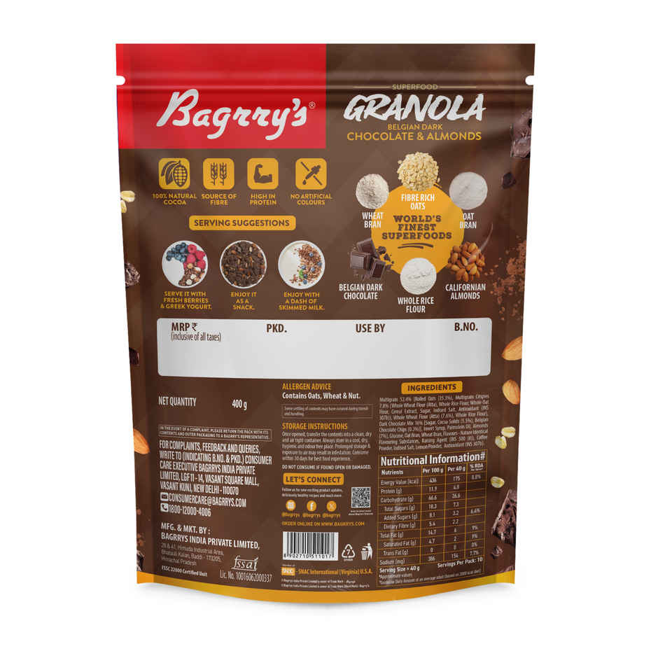 Bagrry's Belgian Dark Chocolate & Almonds Granola (100% Natural Cocoa)