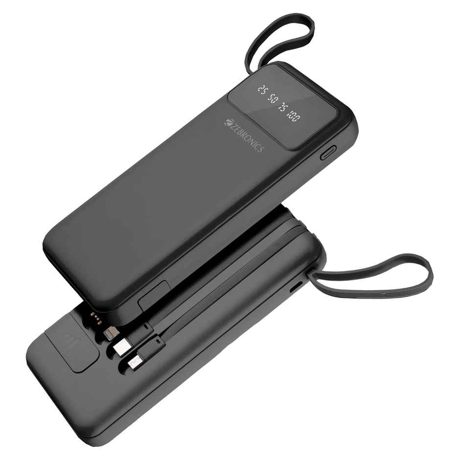 Zebronics MB10000S6 Power Bank, 10000 mAh, 5 x Outputs Built in I/O Cables, Mobile Holder, Carry Loop (Black)