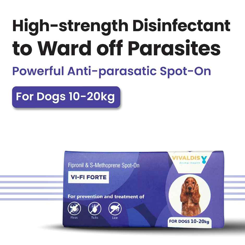 Vivaldis Anti Tick, Flea & Lice Treatment Spot On For Dogs | Vi-Fi Forte | 10-20 Kg (1.34ml) & Vivaldis Vi-Fi Forte-Tick, Flea, Lice Spray For Dogs, Cats, Kitten & Puppies With Fipronil (100ml) Combo