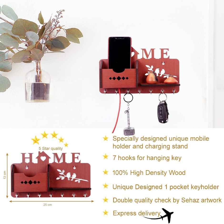 Kuber Industries Wood Wall Key Holder with 7 Hooks | Mail Holder & Extra Shelf (Brown)