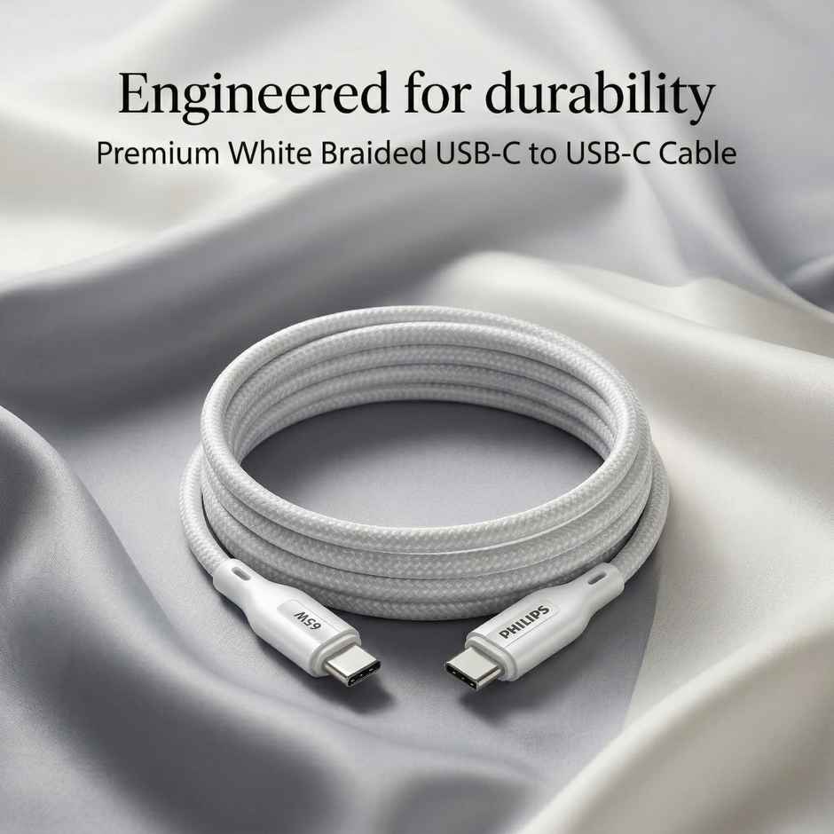 Philips 65W USB Type-C to Type-C Fast Charging Cable | Nylon Braided | 1m | Bright White