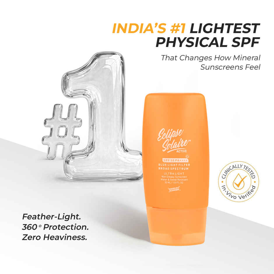 Eclipse Solaire Active Sunscreen SPF 50 PA++++ No White Cast, Non-Greasy Formula for All Skin Types