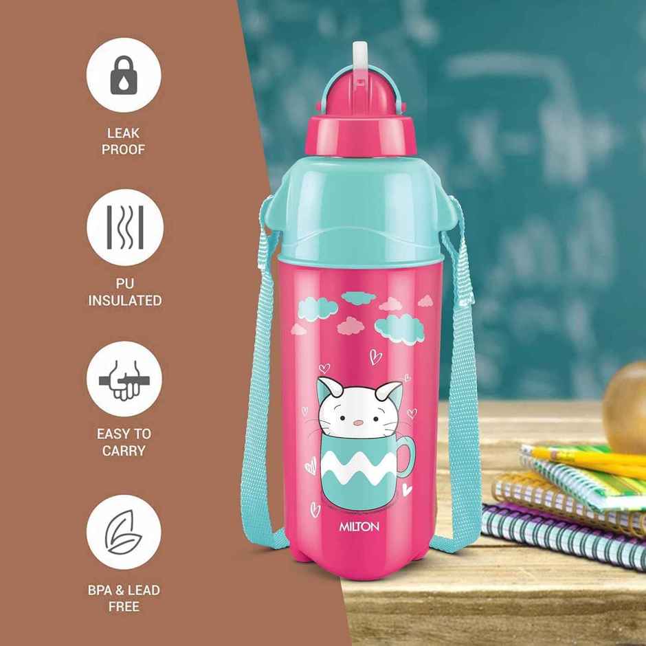 Milton Plastic Kool Trendy Insulated Water Bottle With Straw For Kids | Cherry Pink | 490 ml