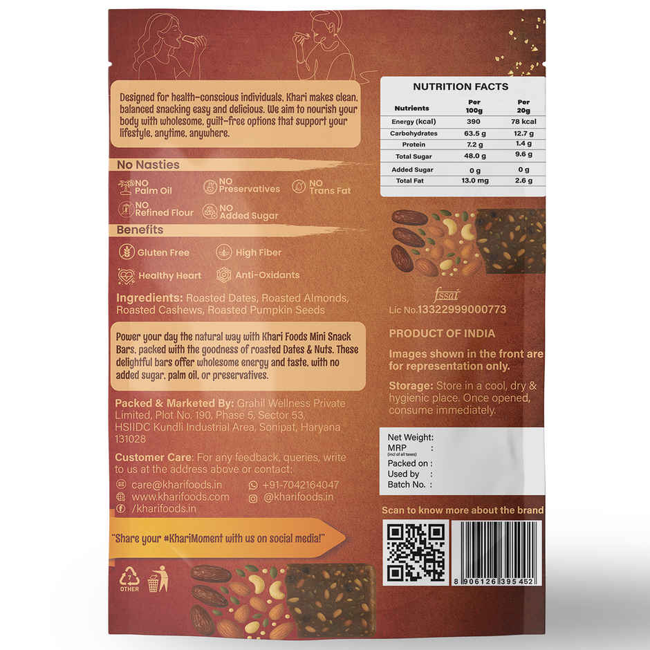 Khari Foods Dates & Nuts Mini Snack Bar | Energy Bar | Natural Ingredients