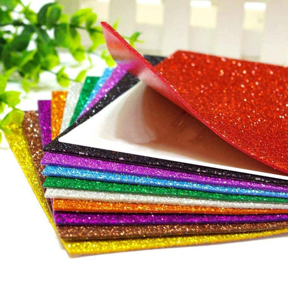 Chrome Self-Adhesive Easy-to-Peel Glitter EVA Foam Sheets | A4 Size, 10 Sheets Per Pack | Solid Color - Colors May Vary