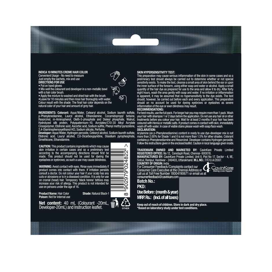 Indica Creme 10 Minutes Hair Color, Long Lasting Colour | Natural Black