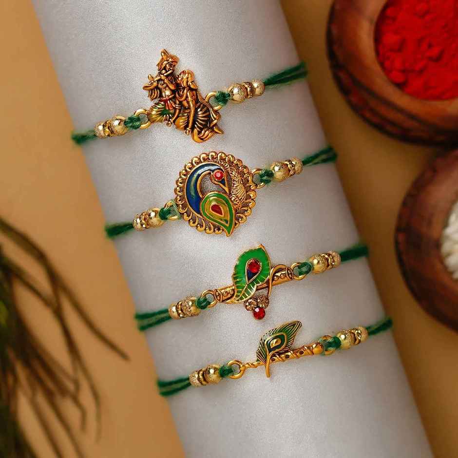 Religious Radha Krishna Playing Flute, Peacock, Peacock Feather Designer Rakhis with Roli Chawal | Set of 4 Rakhi | Ecraftindia