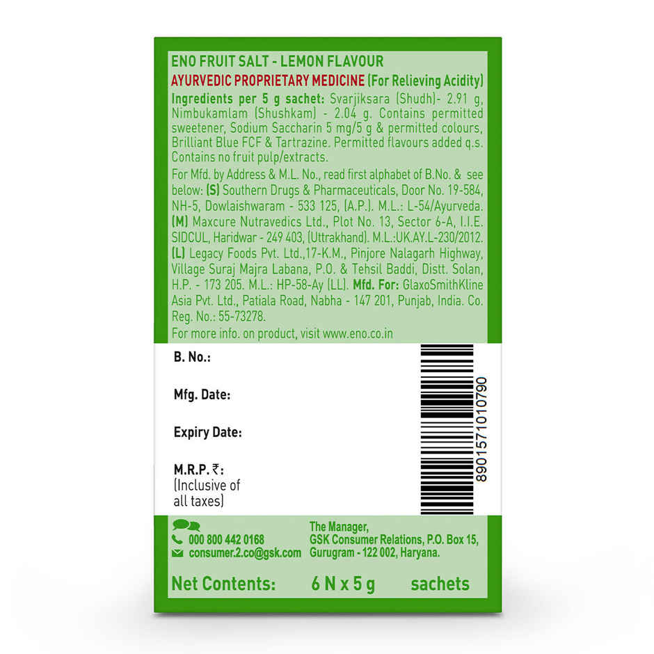 ENO Lemon Ayurvedic Antacid, Gets to Work in 6 Secs for Instant Acidity Relief - Pack of 6 Sachets