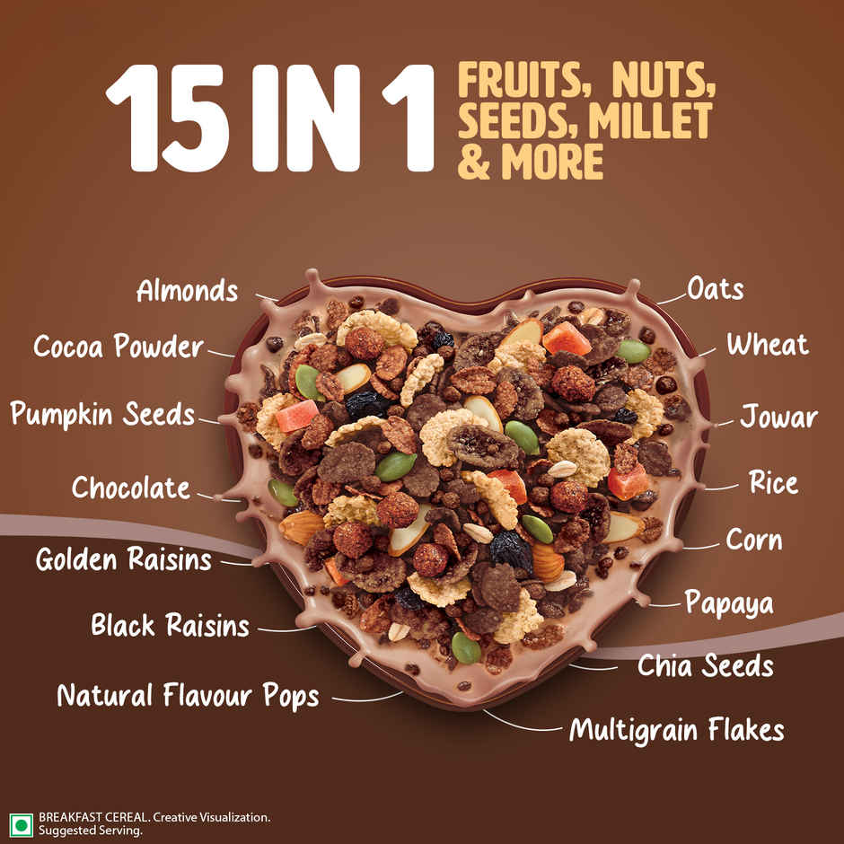 Saffola Muesli Choco Crunch With Flavour Pops, Fruits, Nuts, Seeds, Millets (15 In 1)