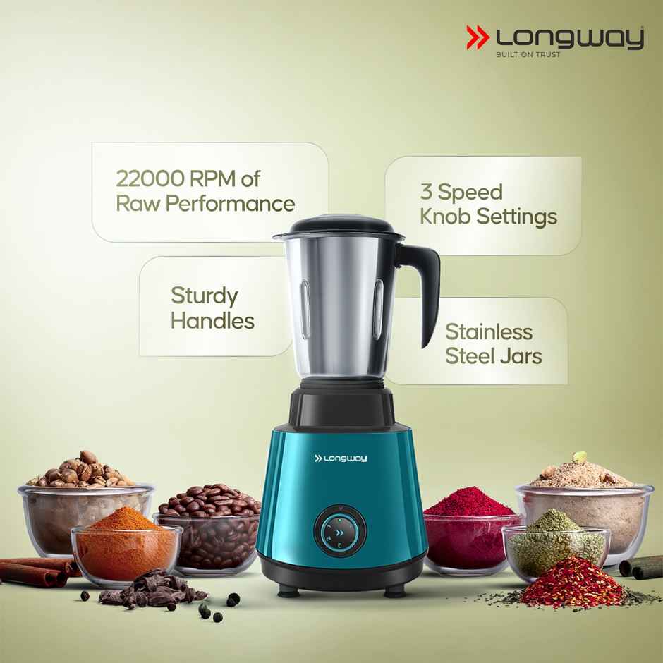 Longway Roto Max 500W Mixer Grinder + 1100W Dry Iron | 3 Jars | Powerful Motor | Teal & Black |Combo
