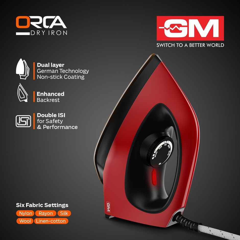 Gm Orca 1100W Efficient Dry Iron For Wrinkle | Variable Temperature Settings,Red
