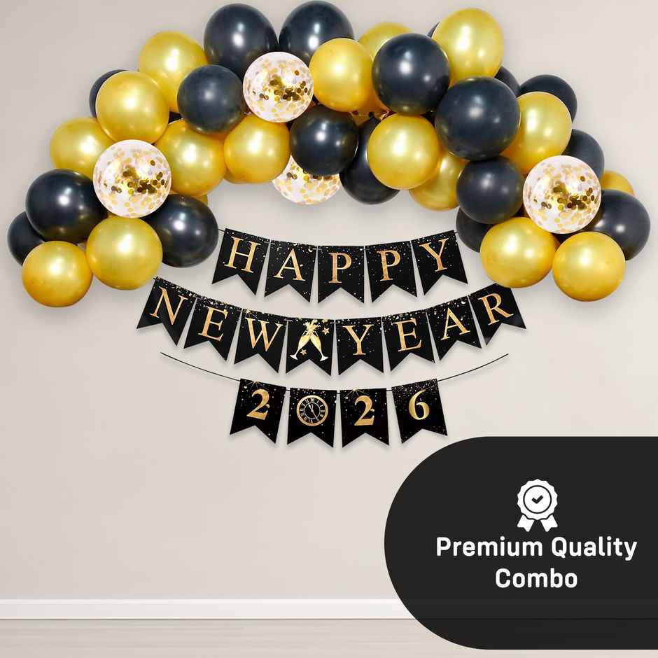 Happy New Year 2026 Decor | Black & Gold Balloons with Banner | Party Propz