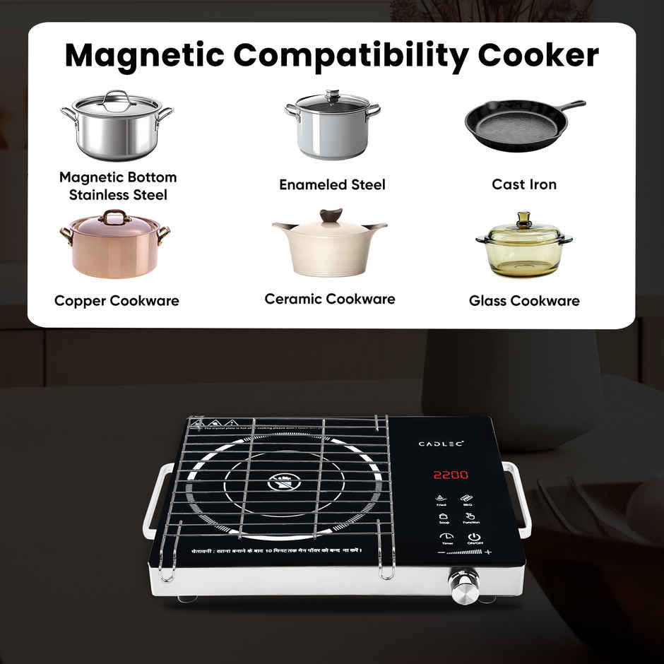 Cadlec Heat Mate 2200W Infrared Cooktop with Grill Rack | Crystal Glass & Touch Control | Black