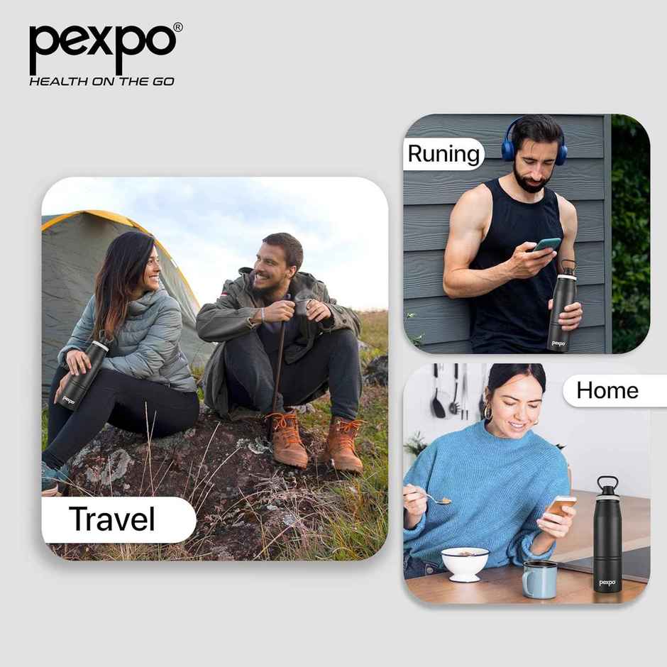 Go24 | Pexpo Altros Stainless Steel Hot & Cold Vacuum Insulated Flask | 940 ml | Knight Black