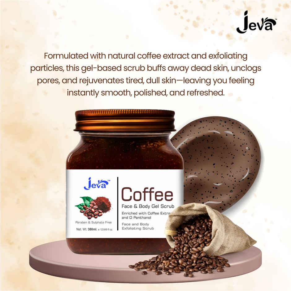 Jeva Coffee Face & Body Exfoliating Gel Scrub | Removes Dead Skin & Dullness