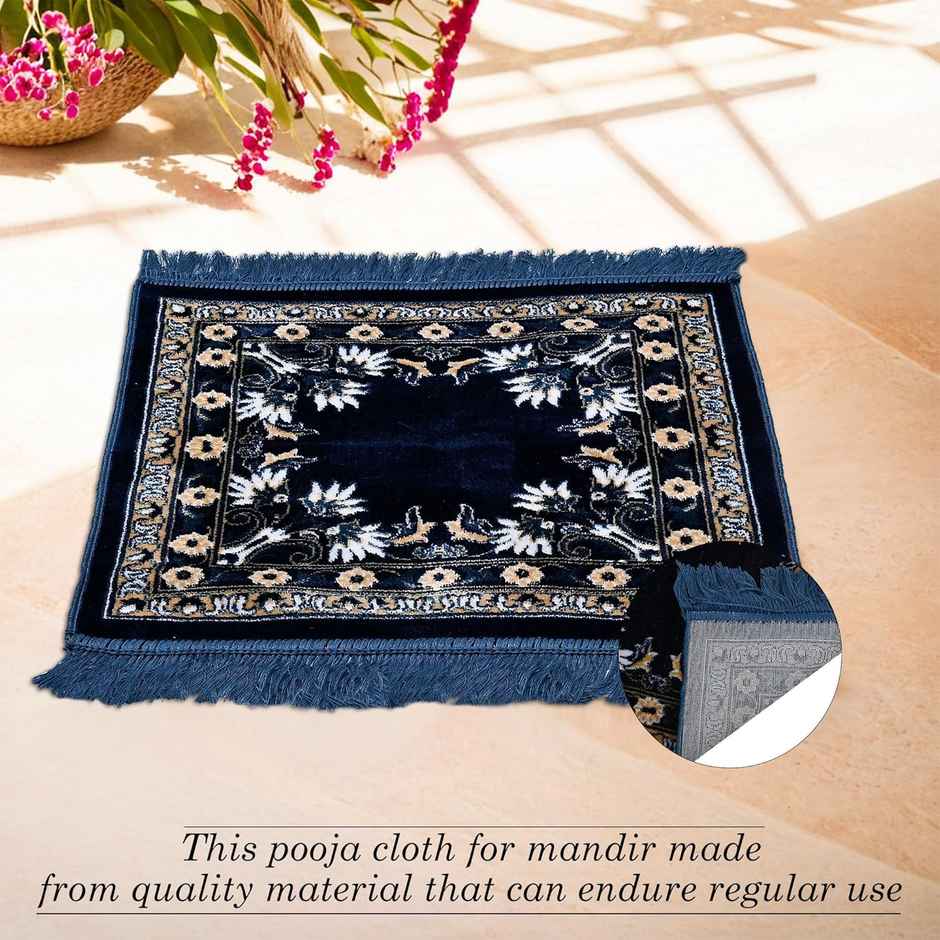 Kuber Industries Velvet Pooja Mat For Sitting On Floor | Floral Print - Navy & Sea Blue