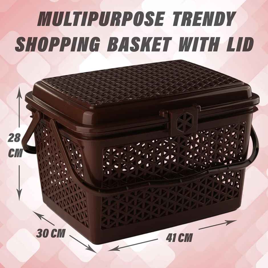 Kuber Industries Plastic Storage Basket with Handles & Lid 30x41x28 cm | Big Bin | Brown