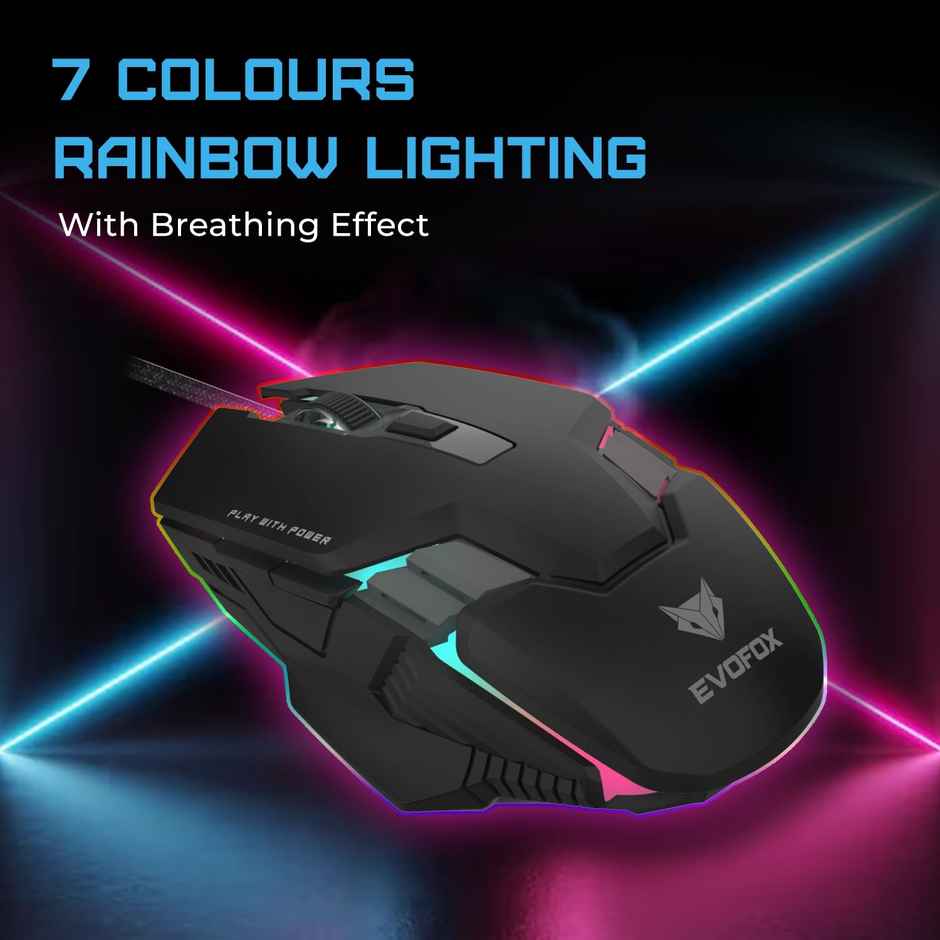 EvoFox Spectre Wired Gaming Mouse, with Upto 3600 DPI Gaming Sensor | 6 Buttons Design | 1.5m Braided Cable - Black