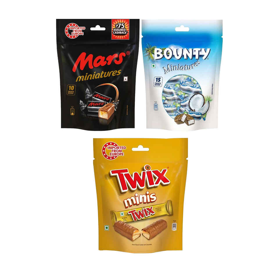 Bounty 100g, Twix Cookie 130g & Mars Caramel 180g Minis Chocolate Combo Pack
