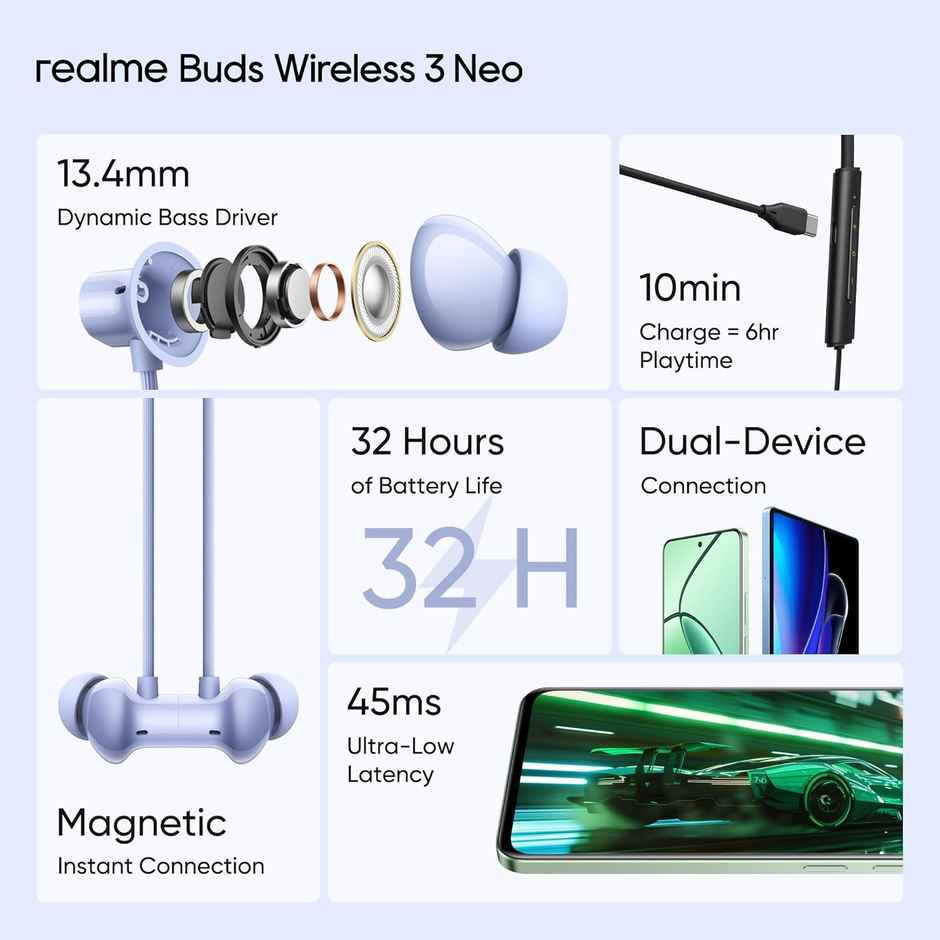 realme Buds Wireless 3 Neo in Ear Bluetooth Neckband with 13.4 Mm Dynamic Bass Boost Driver,Upto 32 Hours Playback,Fast Charge, Ai Enc,45Ms Low Latency,Ip55 Dust&Water Resistannt&Bluetooth V 5.4 - Blue