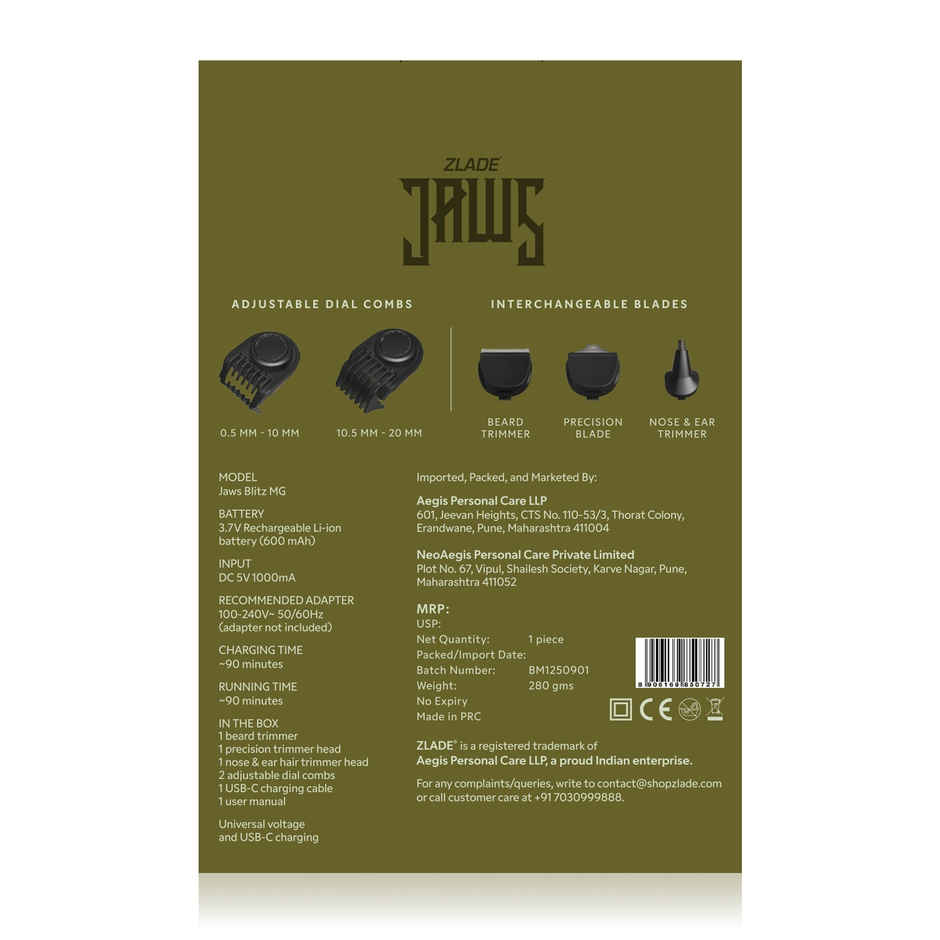 Zlade Jaws Blitz Rechargeable All-Purpose Beard Trimmer|40 Length Settings|3 Interchangeable Heads