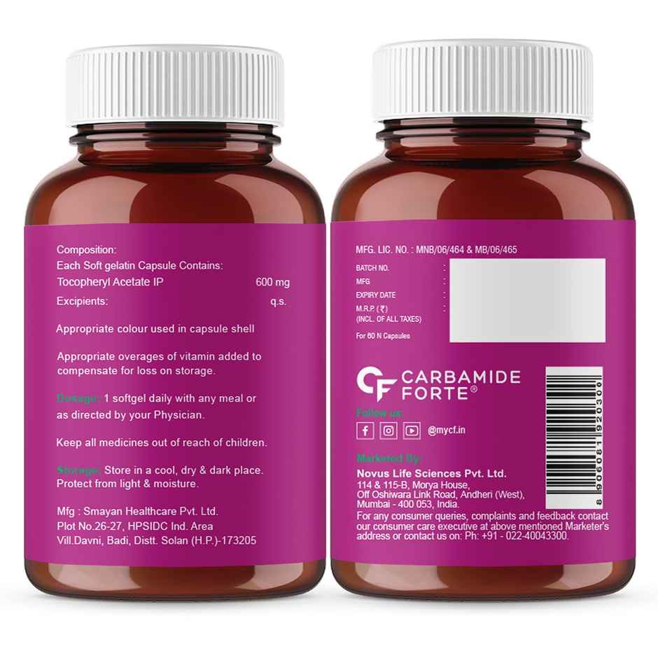 Carbamide Forte 600 mg Vitamin E Capsules for Face and Hair Vitamin E Oil - 60 Capsules