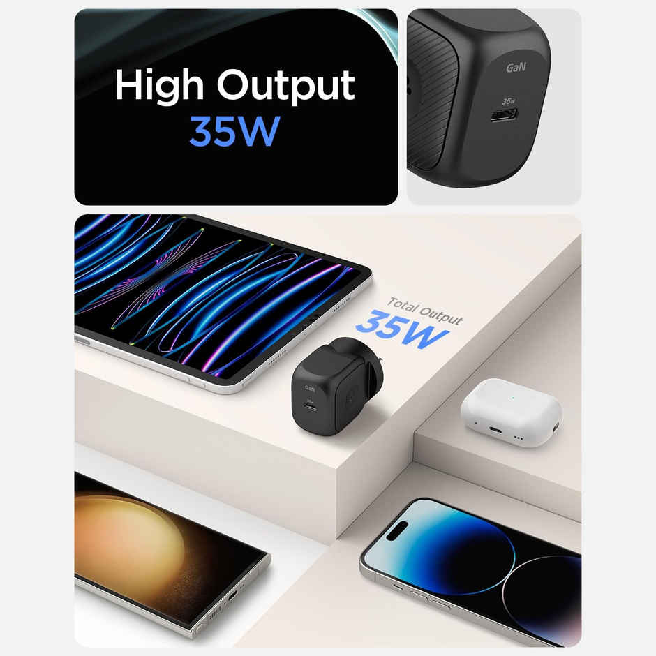 Spigen PE2300 GaN 35W Wall Charger for iPhone, Samsung Galaxy, Oneplus, Vivo and More - Black