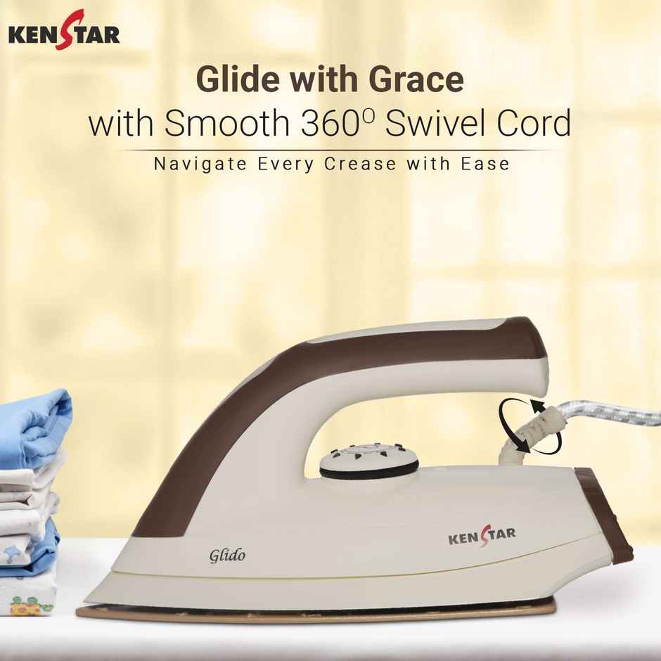 Kenstar Glido 1000 W Dry Iron Quick Heat Up, Anti Bacterial Dual Coated Soleplate-Ivory & Brown
